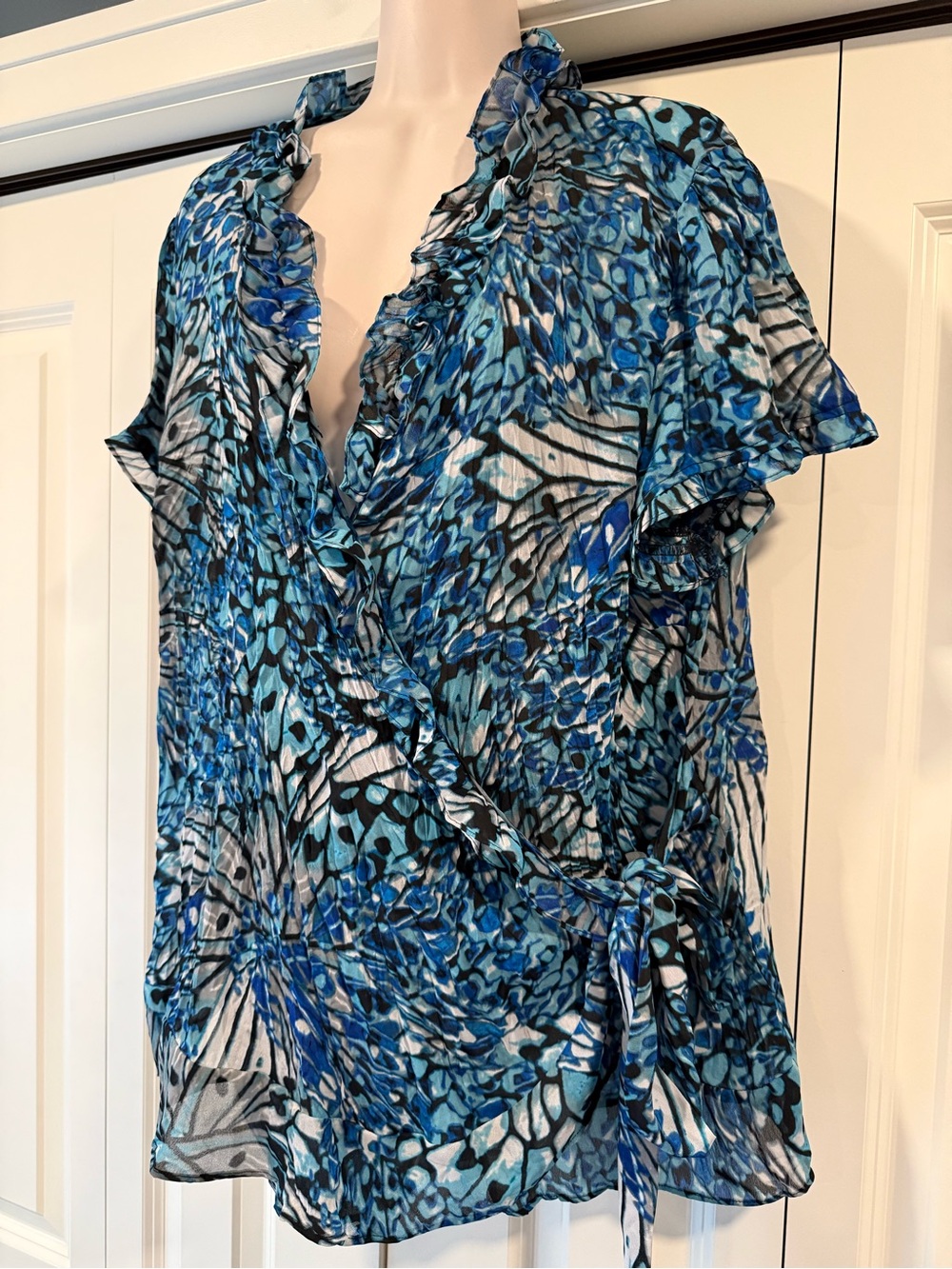 East 5th blue wrap style ruffle blouse top career 1X